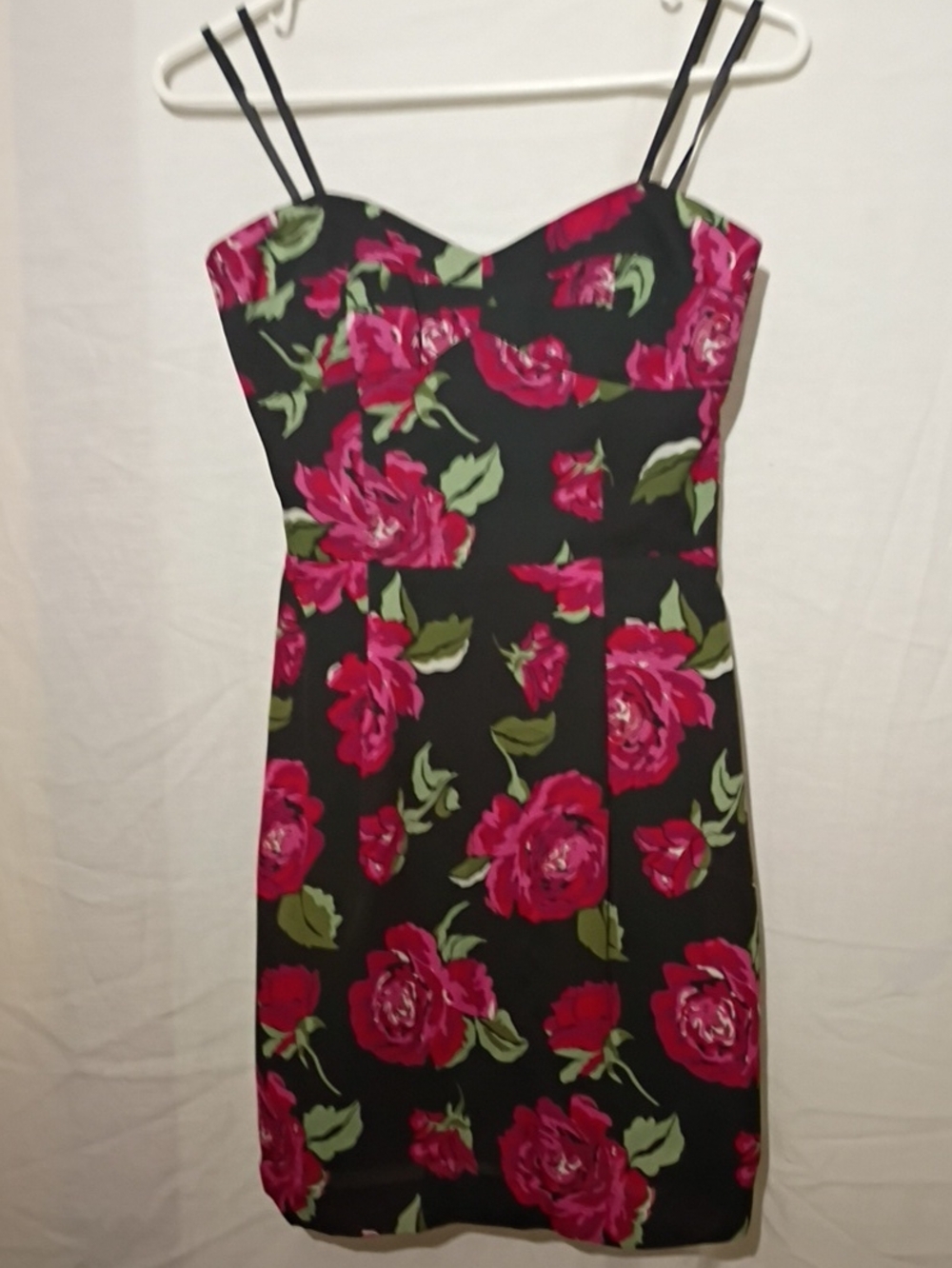 BCBGeneration Black Mini Dress with Pink Red Floral Print, Sz 2, NWOT